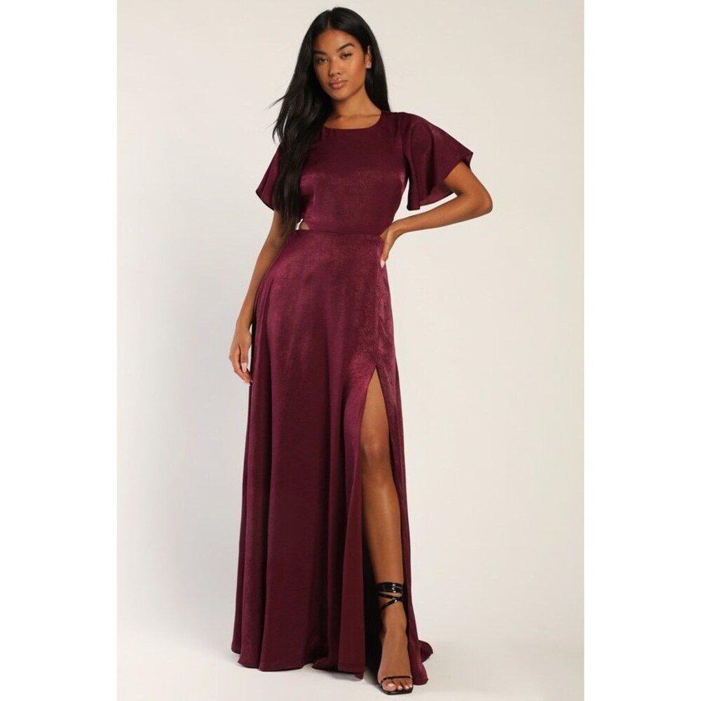 Lulus Garden Bliss Burgundy Satin Cutout Maxi Dress Red - Size L